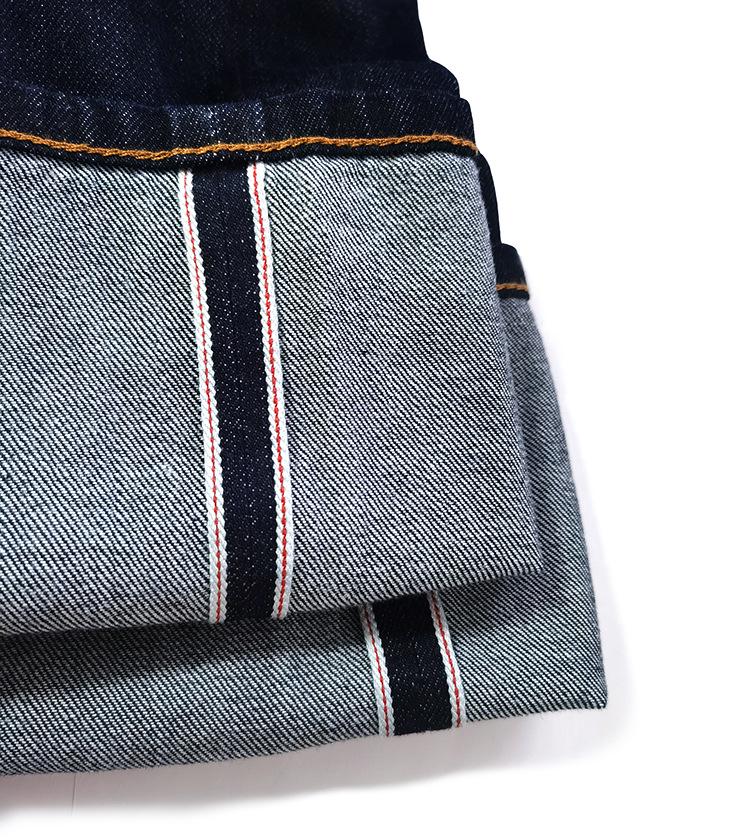 Okayama Selvedge Denim Jeans, Red Trim, Original Color, Dark Blue Cuffed Hem, Straight Leg, Slim Fit, Classic Retro Style.