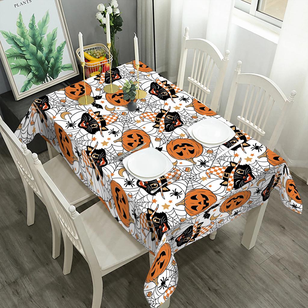 Halloween Pumpkin Spider Web Bat Waterproof Tablecloth for Table Decor Washable Kitchen Dining Tablecloth Halloween Decorations