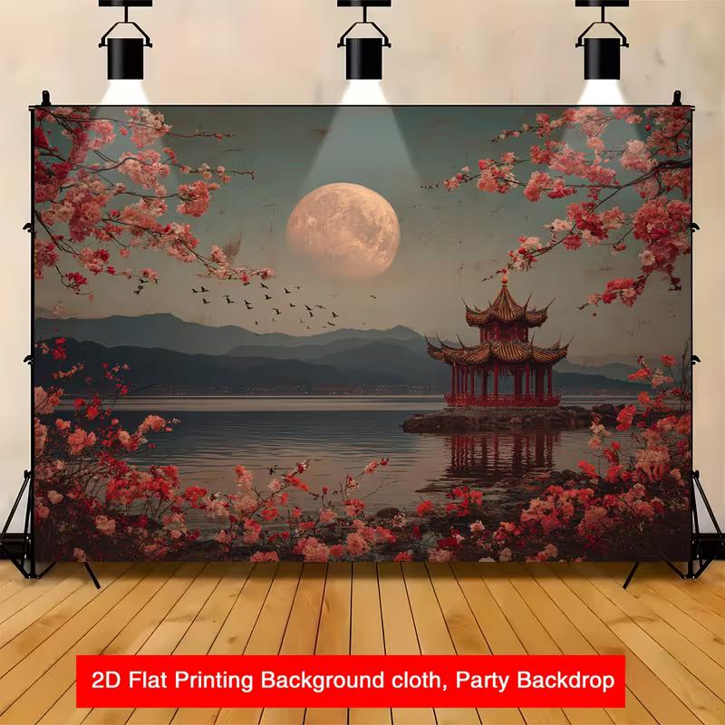 2D Vintage East Asian Night Lake Photography Background 47.2x31.5inch/120*80cm
