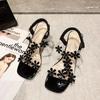 Fashion Women Sandals 2024 Summer Pvc Crystal Flower Chunky Heel Peep Toe Back Strap Elastic Elegant Fashion Shoes Ladies Zapatos