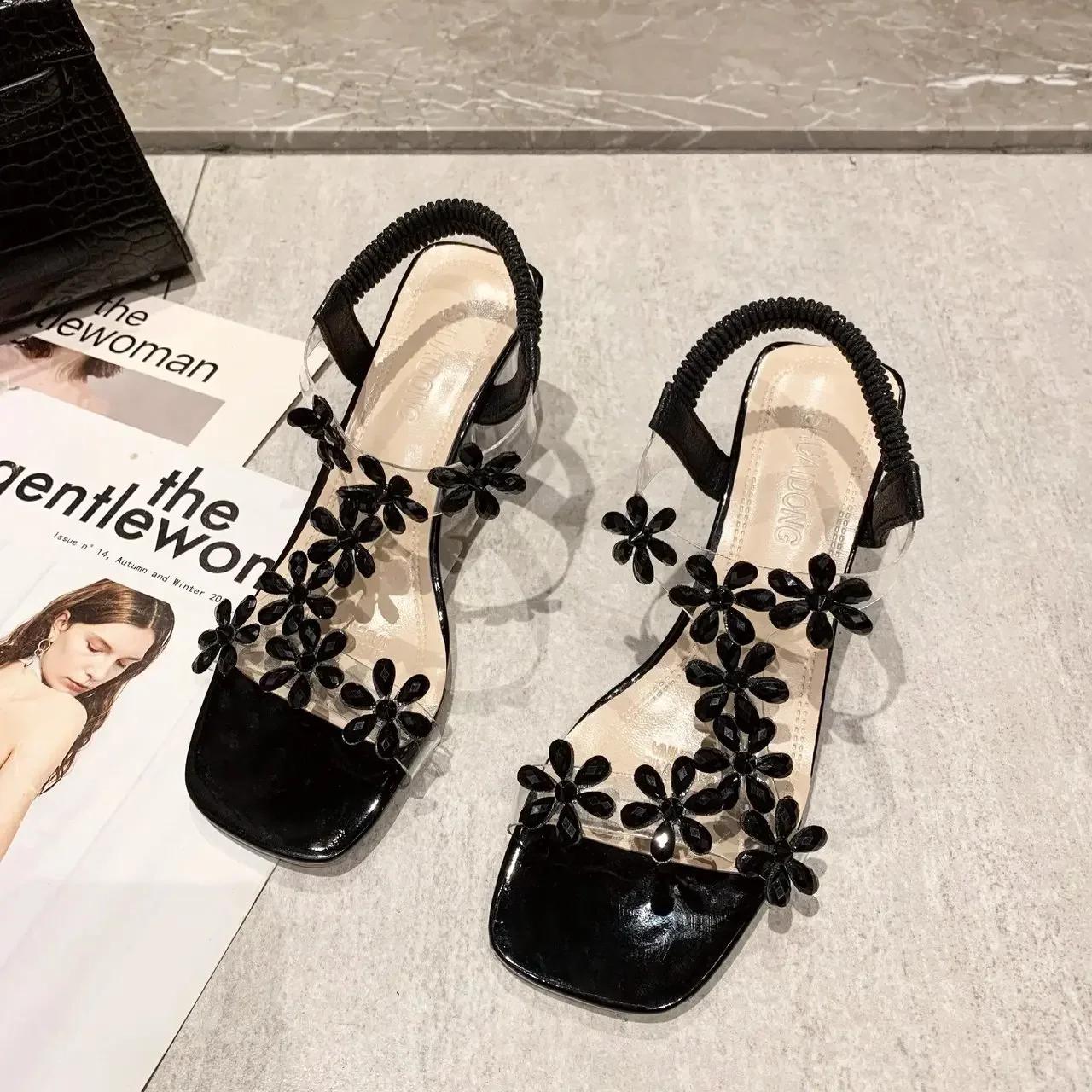 

Fashion Women Sandals 2024 Summer Pvc Crystal Flower Chunky Heel Peep Toe Back Strap Elastic Elegant Fashion Shoes Ladies Zapatos 34