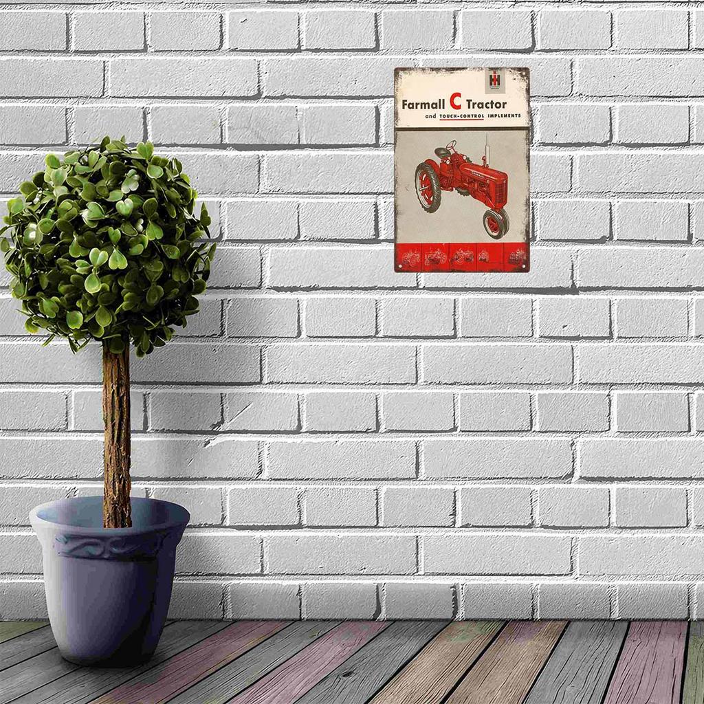 Retro Red Tractor with Exhaust Smoke in Countryside Scene Vintage Metal Wall Sign Decor Poster Frames Garage Living Room