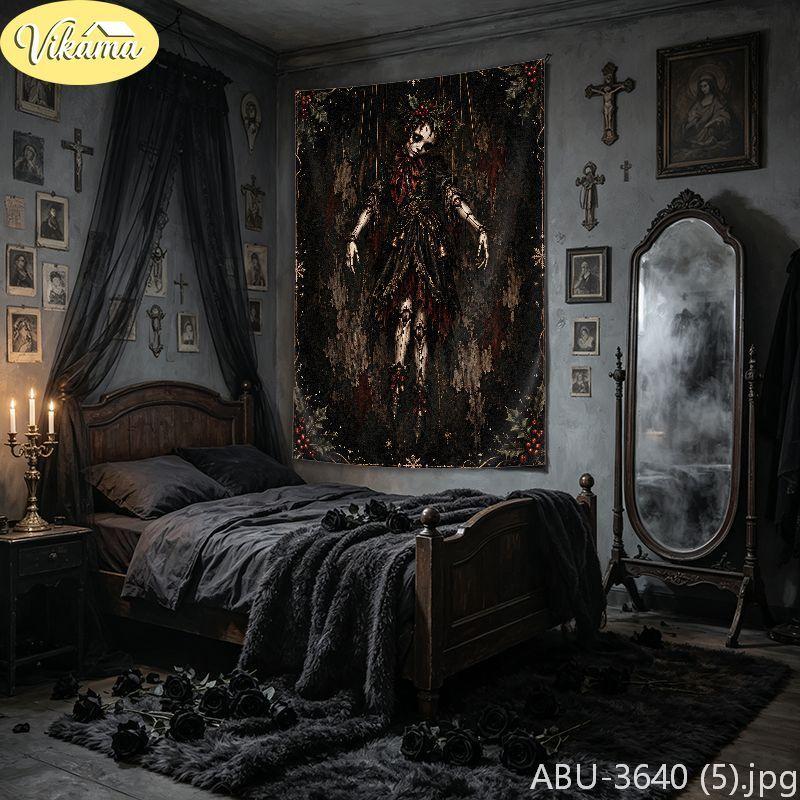 Gothic Frosted Window Castle Skull Wall Tapestry Dark Victorian Holiday Winter Ice Pattern Home Decor Modern Style Soft