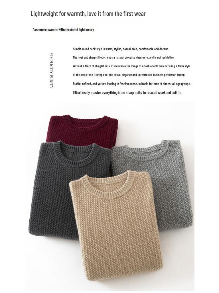 Men's Premium 100% Cashmere Round Neck Sweater - Thick Knit Casual Business Pullover