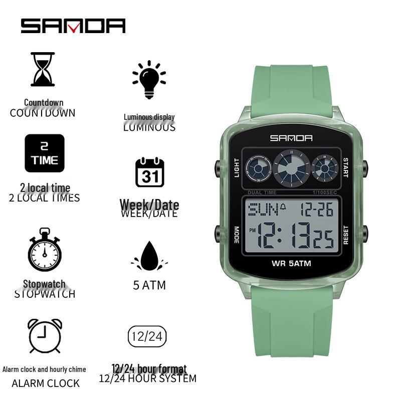 Sanda Dual Time Waterproof Transparent Sports Wristwatch with Colorful Single Display and Student Timer Function