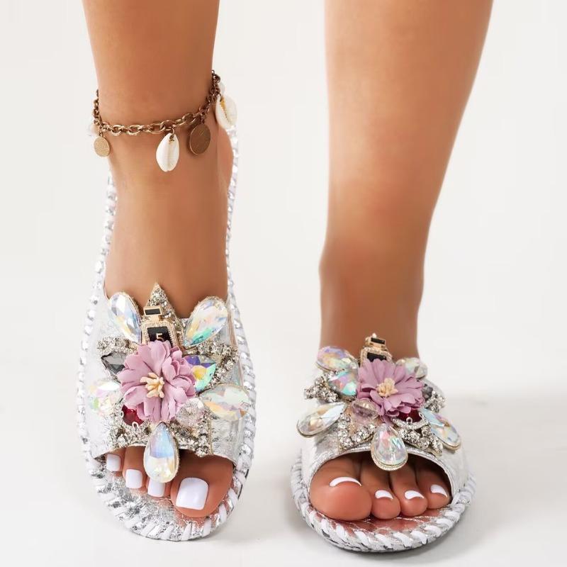 Rhinestone flower one-word women's new fashion flat-bottom drag gentle temperament slippers