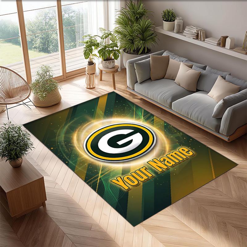 Green Bay Packers Crystal Velvet Rug, Custom Name Text Personalized Non‑Slip Floor Mat for Home Decor Gift