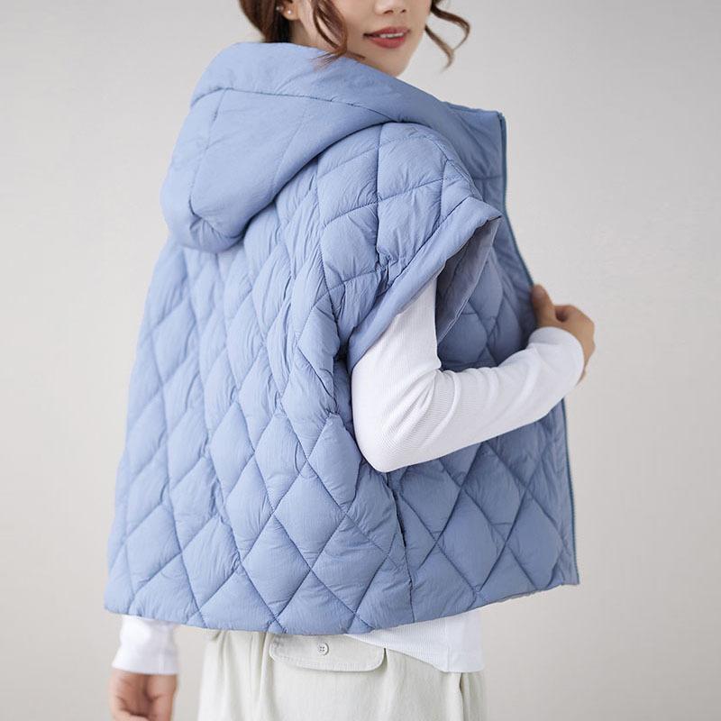 Hochwertige weiße Entendaunenweste Damen Herbst und Winter Mode Kleine Fliege Ärmel Kapuze Rautenmuster Weste Jacke