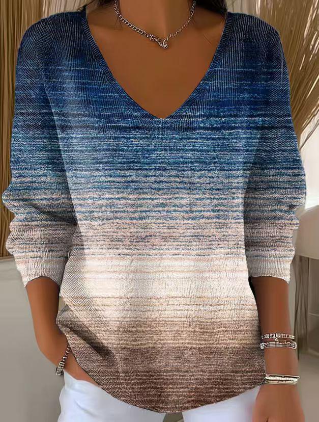 2026 Women's Spring Tie-Dye V-Neck Long Sleeve Top - European & American Trendy Style