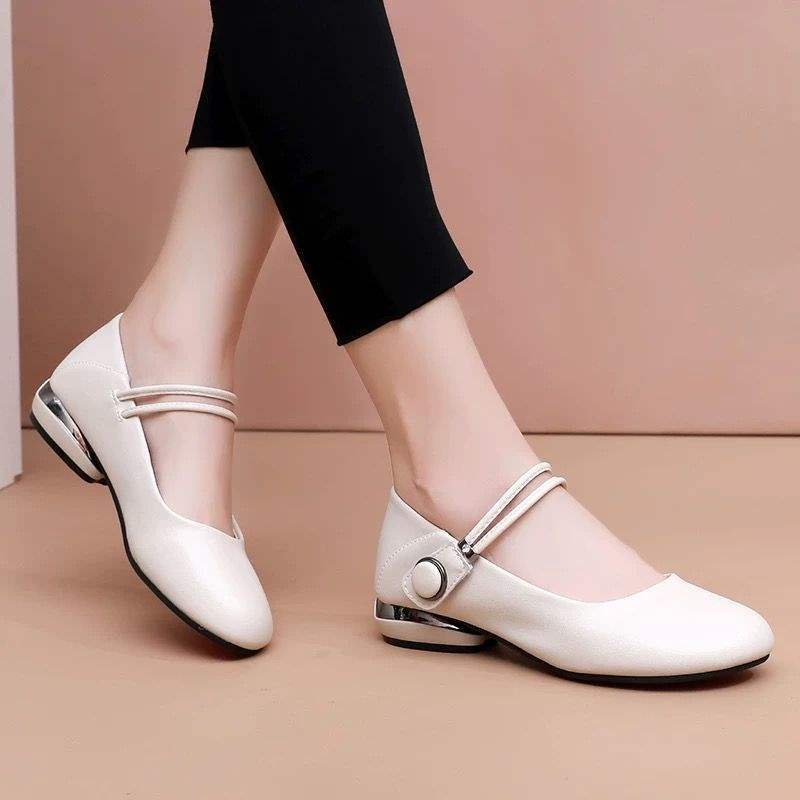 Coarse Heel Single Shoes Women's Spring and Autumn Mother Shoes Flat Bottom Low Heel Round Head Women's Leather Shoes Soft Sole