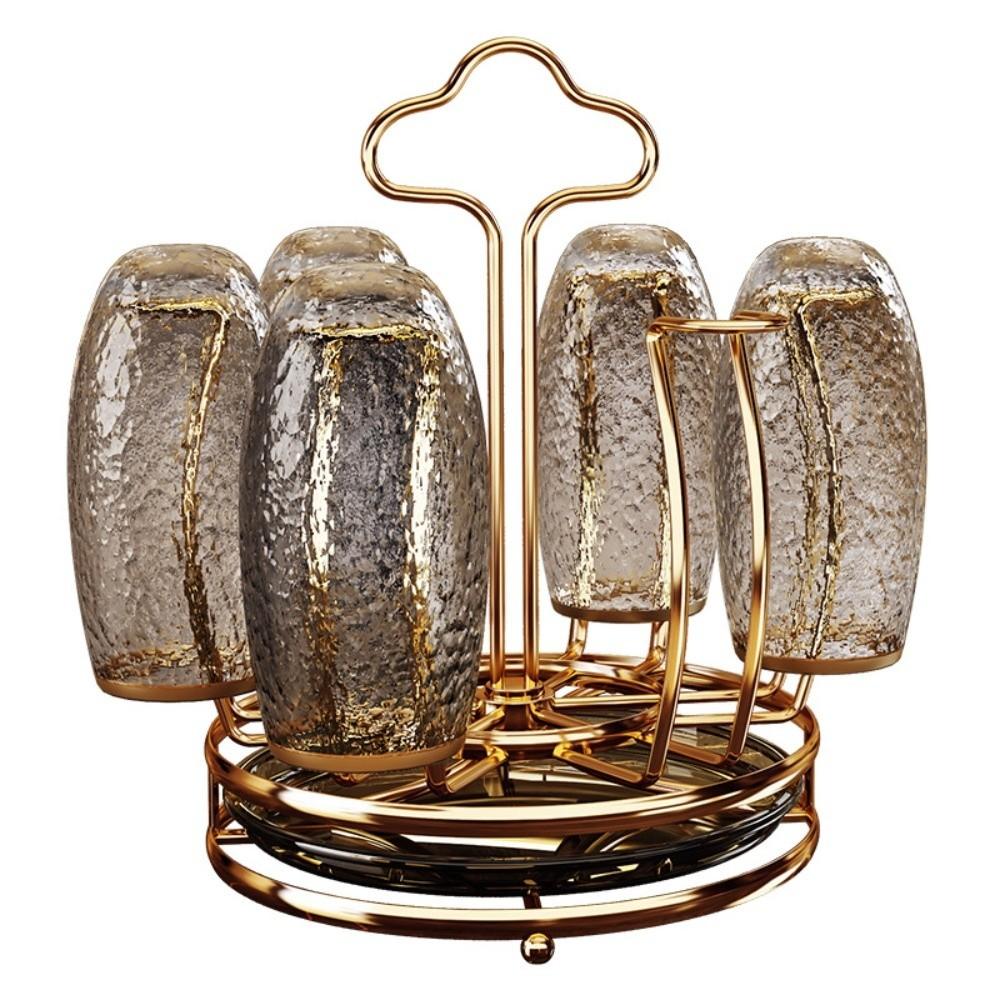 Large Capacity Cup Holder with Water Drain Tray 360° Rotation Glass Cup Storage Rack Bar