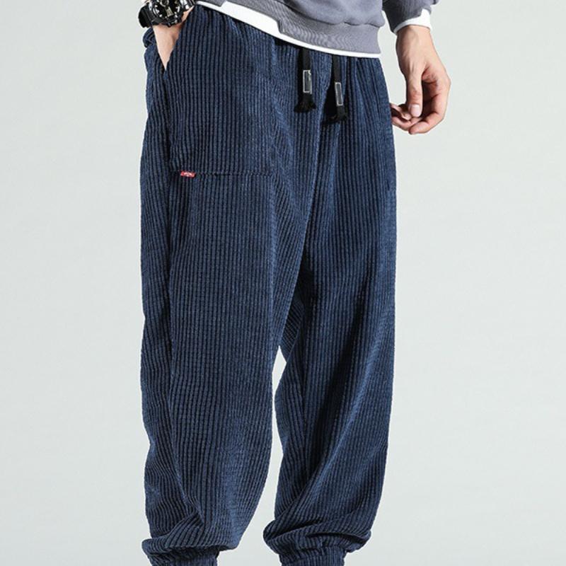 Men's Dark Blue Corduroy Casual Pants with Side Pocket and Drawstring Waist