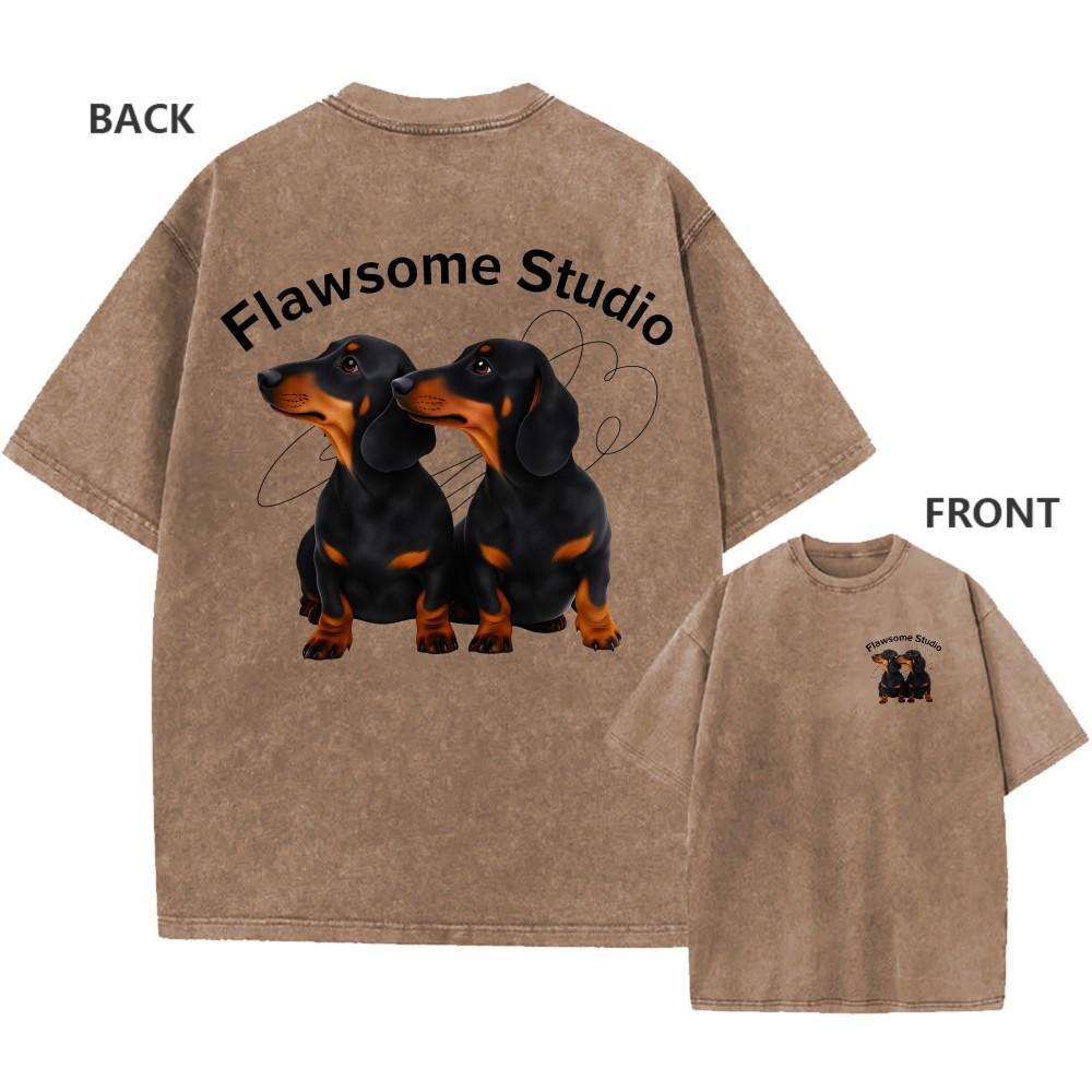 Винтажная оверсайз стираная футболка Милый такса Flawsome Принт Унисекс Футболка XL