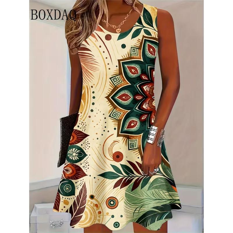 Sundress Floral  Print Women's Casual Sleeveless Tank Dress Summer Vacation Casual Retro Loose Plus Size Woman Clothing
