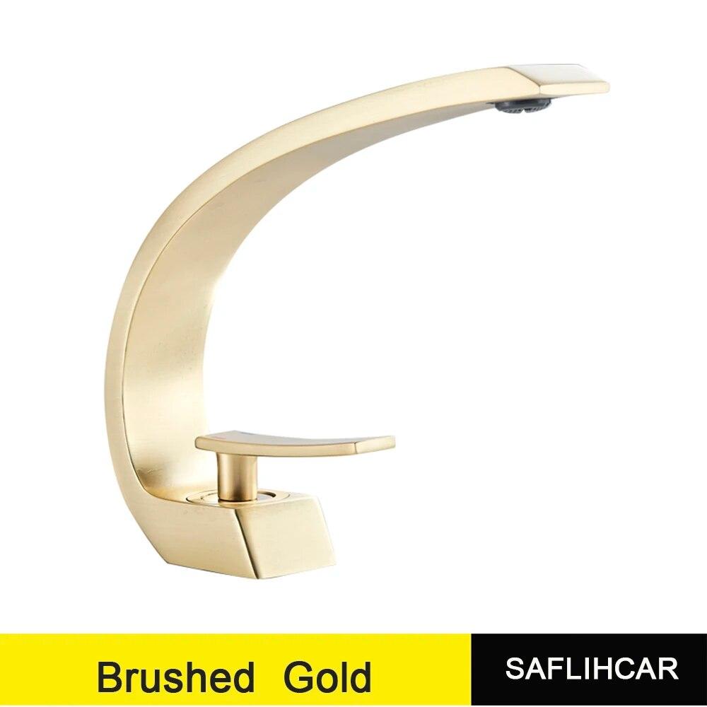 Golden Polished Bathroom Vanity Faucet Single Handle Hot and Cold Water Mixier Sink Faucet Deck Mount Crane