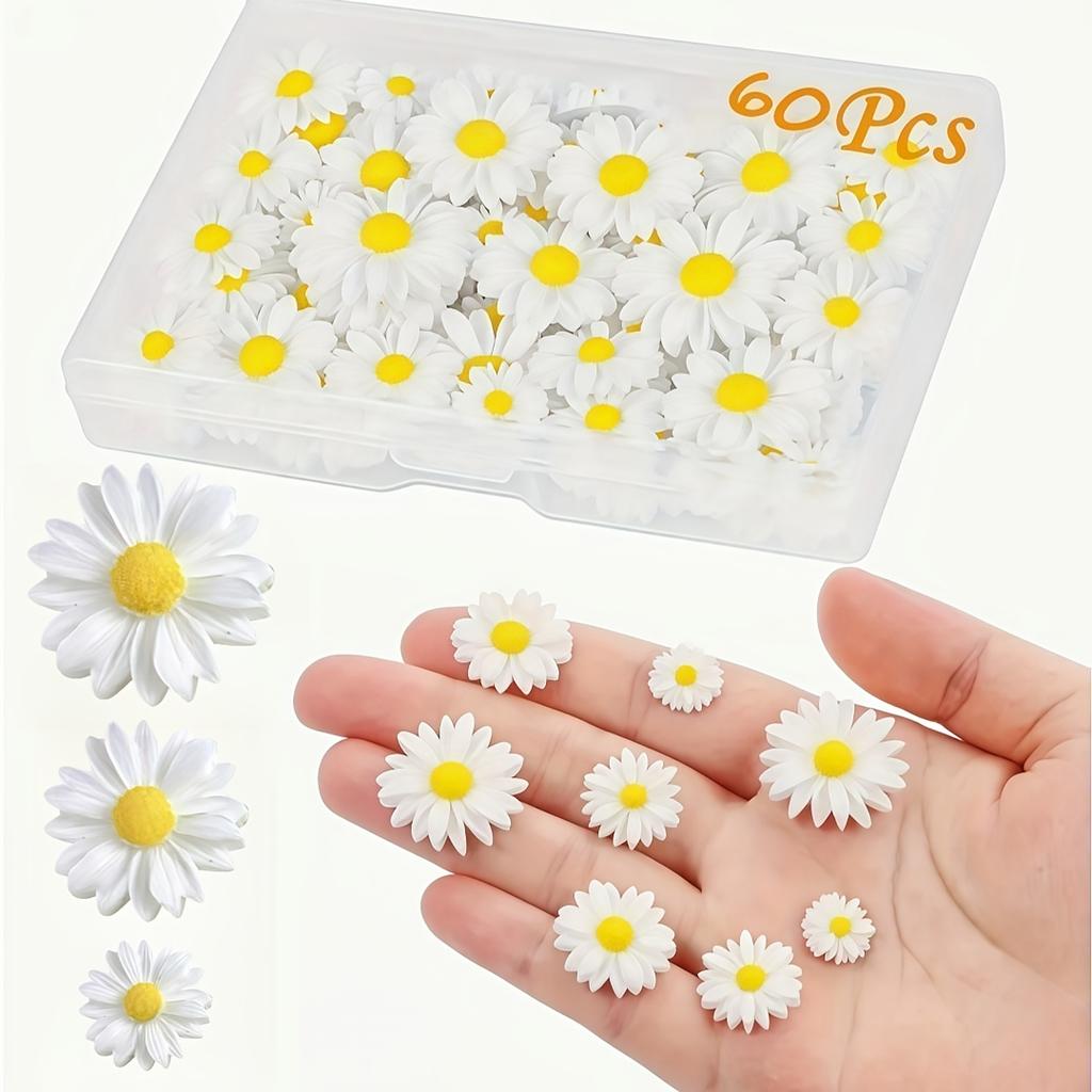 60pcs Realistic White Daisy Flowers with Yellow Centers - Flat-Bottom Floral Decorations, for DIY Crafts, Phone Cases, Nail Art