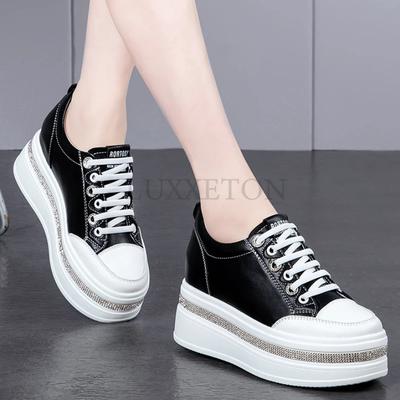 8cm nouvelle Marque Haute Cuir Véritable Plateforme Compensée Décontracté Baskets Chunky Femmes Cheville Printemps Automne Strass Chaussures Confortables
