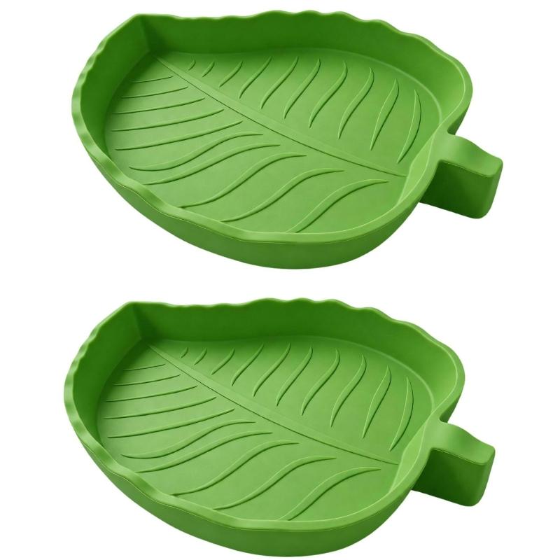 Molded Plant-Form Bowl Pair for Small Herps, Textured Plastic Dishes with Open Interiors for Food or Drinking Water