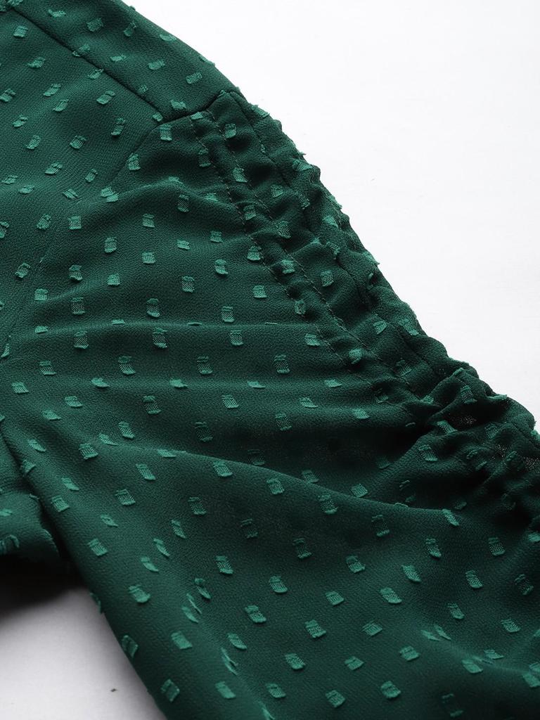 Women Green Self Design A-Line Dress with Belt