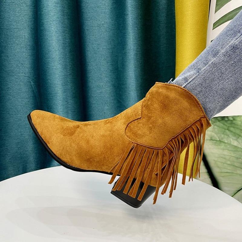 Autumn Winter Ankle Boots for Women, Matte Large Size, Tassel, Mid Heel, Side Zipper, Retro Pointed Toe Women's Boots