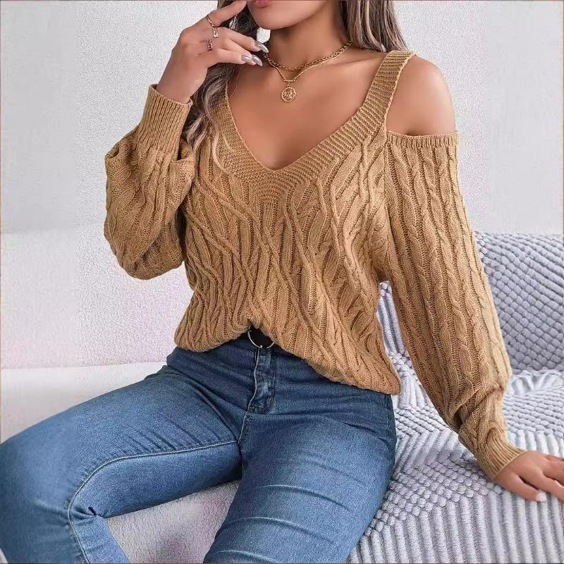 Herbst- und Winter-Casual-Unifarben-Twist-Off-Shoulder-Laternenärmel-Pullover