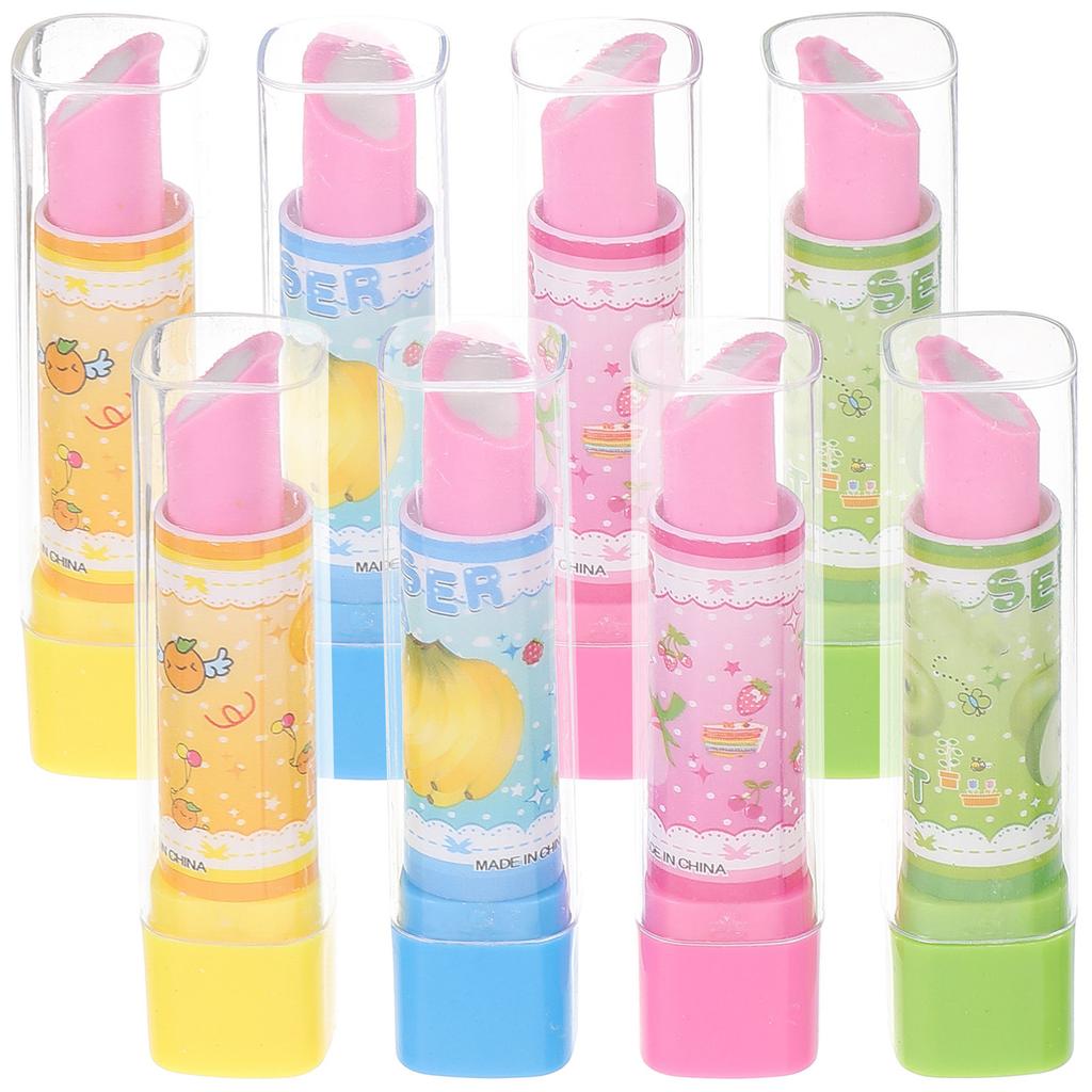 8Pcs Lipstick Eraser Premium Stationery Creative Fruit Pattern Novelty Eraser Set for Students Homework Practice Fun