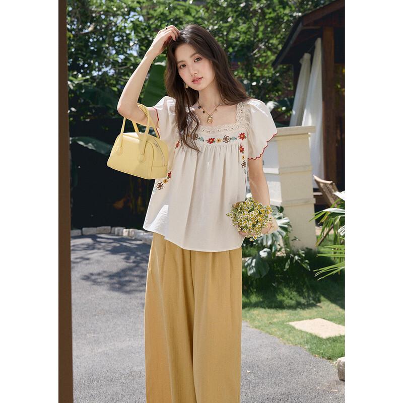French Retro Embroidered Puff Sleeve Lace Top