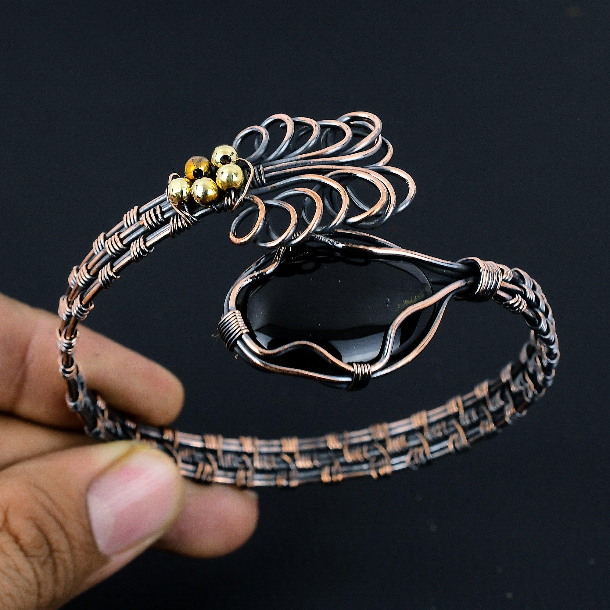 

Браслет из черного оникса, Ювелирные изделия из драгоценных камней, обернутые медной проволокой 999 пробы, Браслет ручной работы на День благодарения