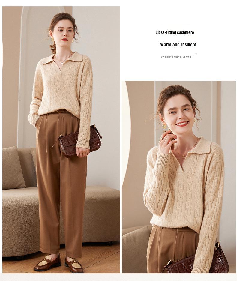 2023 Autumn Winter Women's Cashmere Polo Sweater: Versatile Retro Lapel Knit, Loose Cable Knit Base Layer