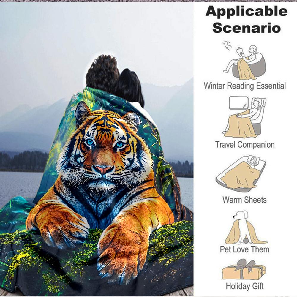 1pc Tiger Print Blanket, Lightweight Flannel Fleece with Digital Printing, Soft Warm for Sofa, Travel, Camping, Office, Couch, Chair, and Bed, All-Sea
