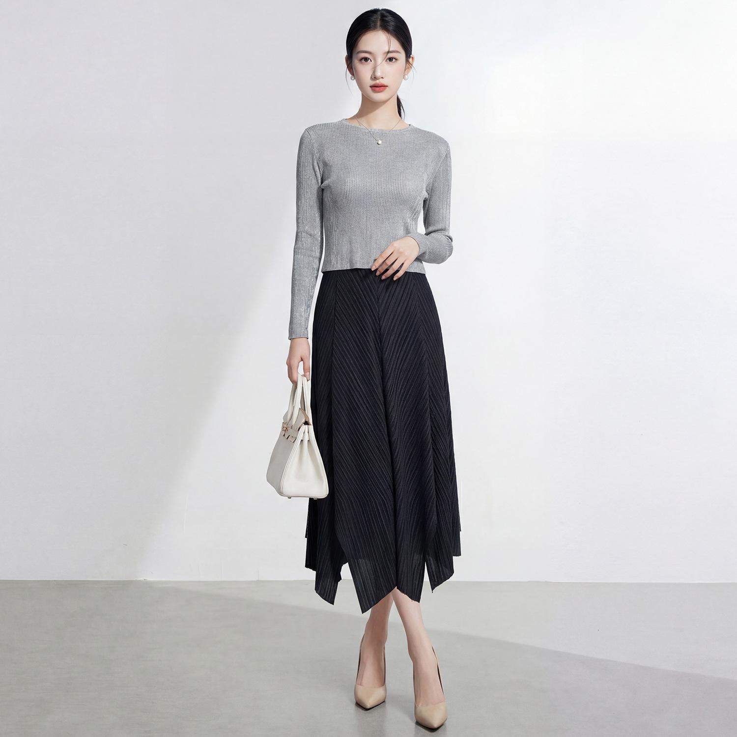 

Miyake A-Line Patchwork Color Block Irregular Midi Dress with Long Sleeves One Size серый
