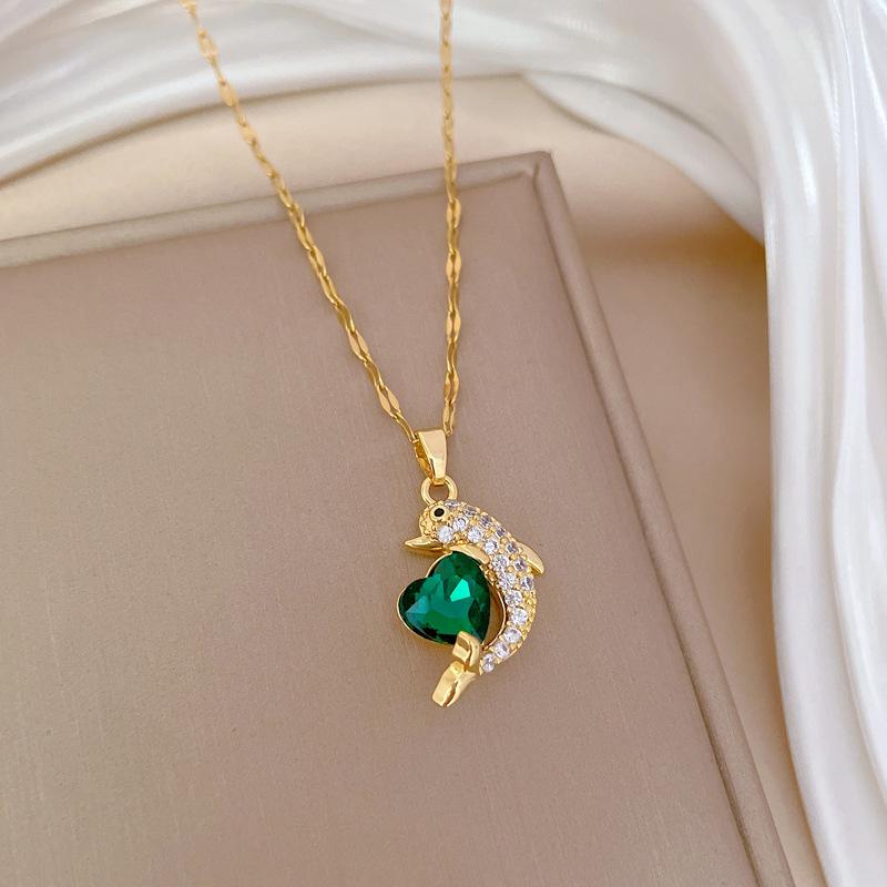 Green Love Dolphin Light Luxury Temperament Gorgeous Full Diamond Necklace Female Versatile Collarbone Chain Titanium Steel Chain