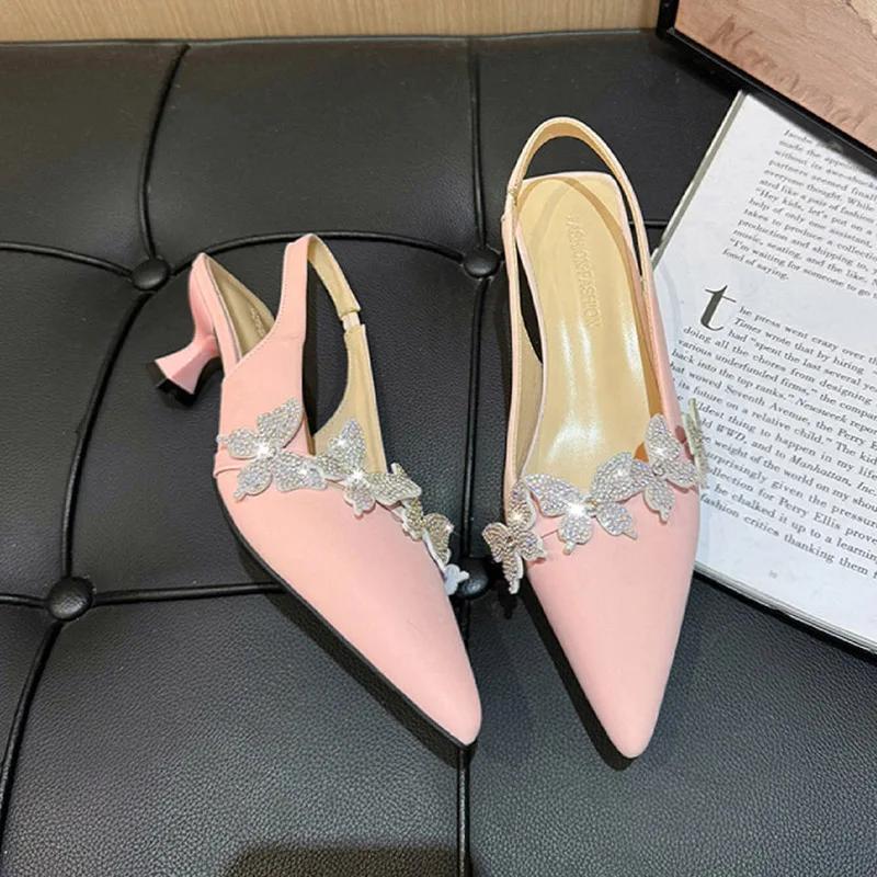 Hot Selling Women Crystal High Heels Sandals Shoes Butterfly Pointed Toe Slippers 2025 New Summer Elegant  Brand Shoes Mujer