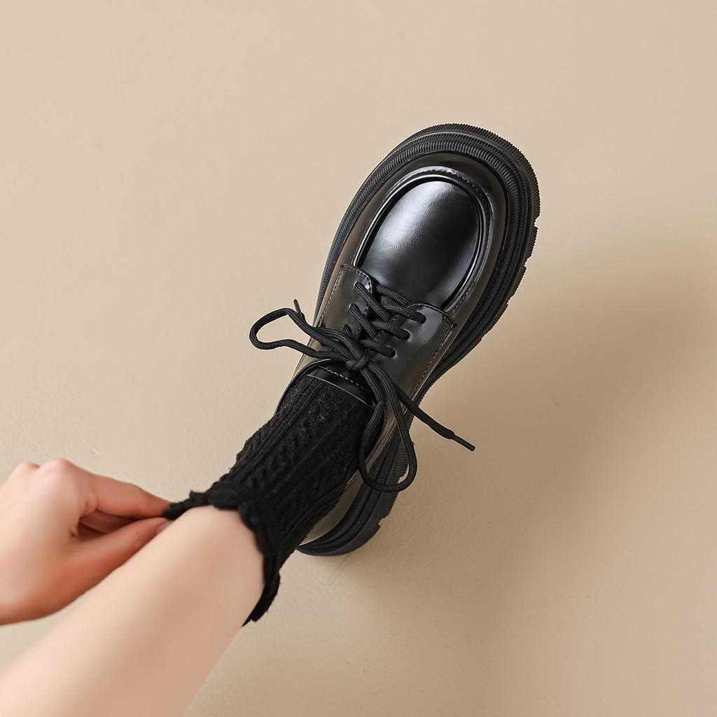 Fashion Women's shoes 2025 spring new thick soled retro British style women's loafers black lace up leather shoes soft sole single shoes