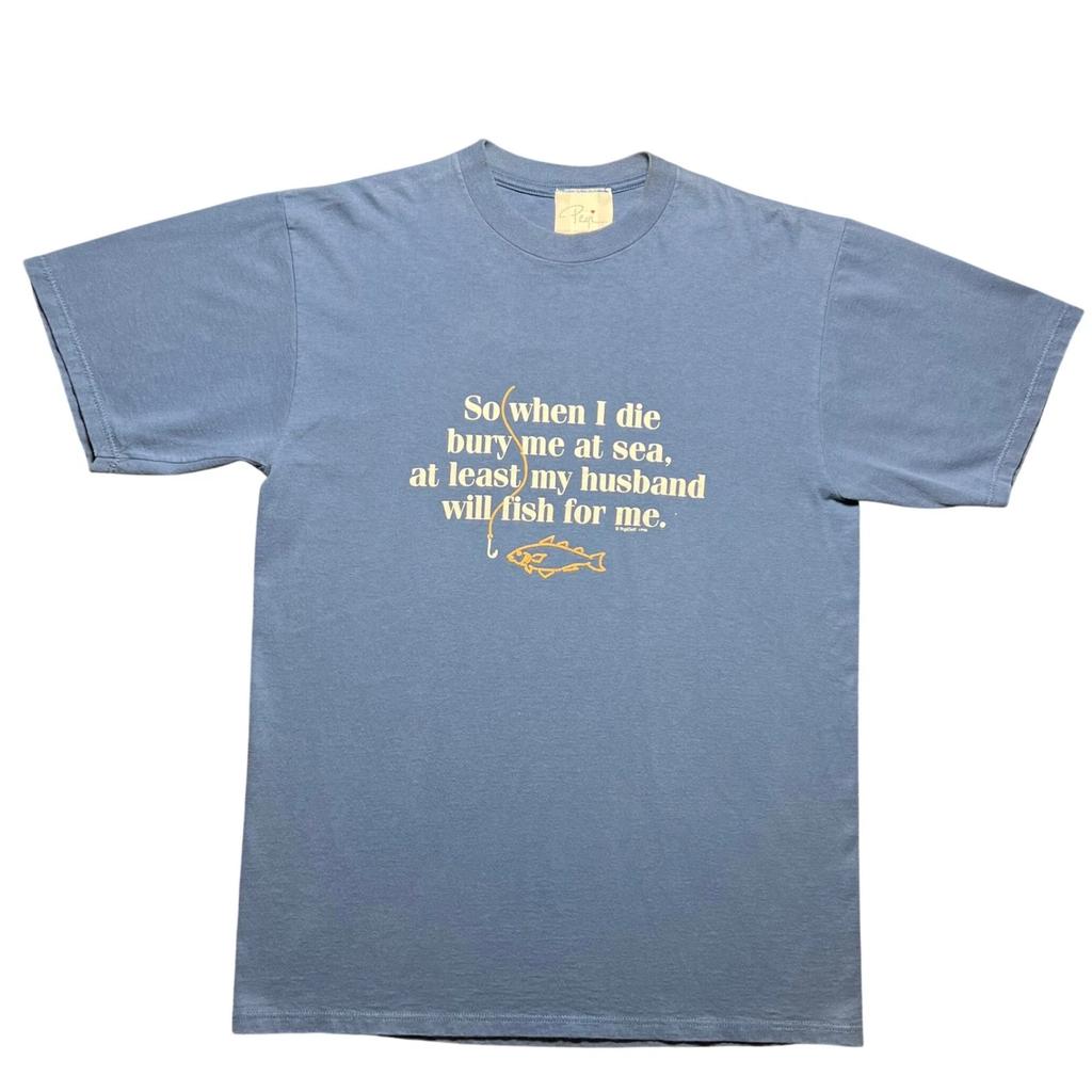 Vintage 90s Funny Fishing Joke Graphic T Shirt Mens Large Blue Pegi Goff Tee