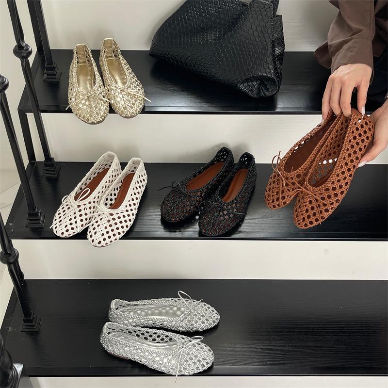 

Серебристые сетчатые плетеные туфли-балетки с бантом, сандалии на плоской подошве, плетеные вручную, полые, с легким вырезом, одинарные туфли 43 золотой