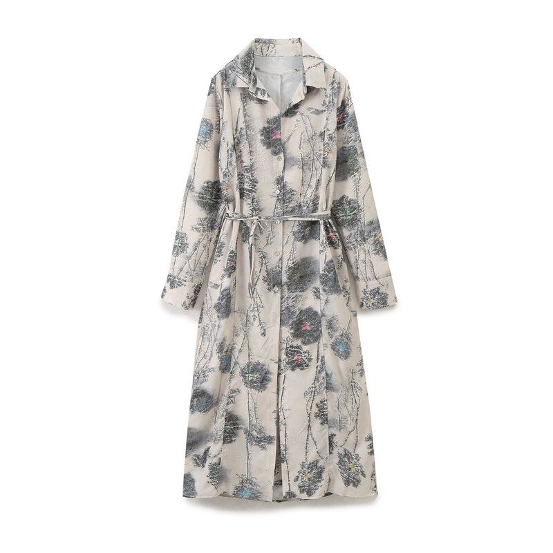 Fashion Style 2024 Spring New Female Long Sleeve Lapel with Belt Printed Shirt Style Dress 2579103