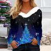 Women's Fashion Casual Long Sleeve Christmas Printed Plush Collar V-Neck Top