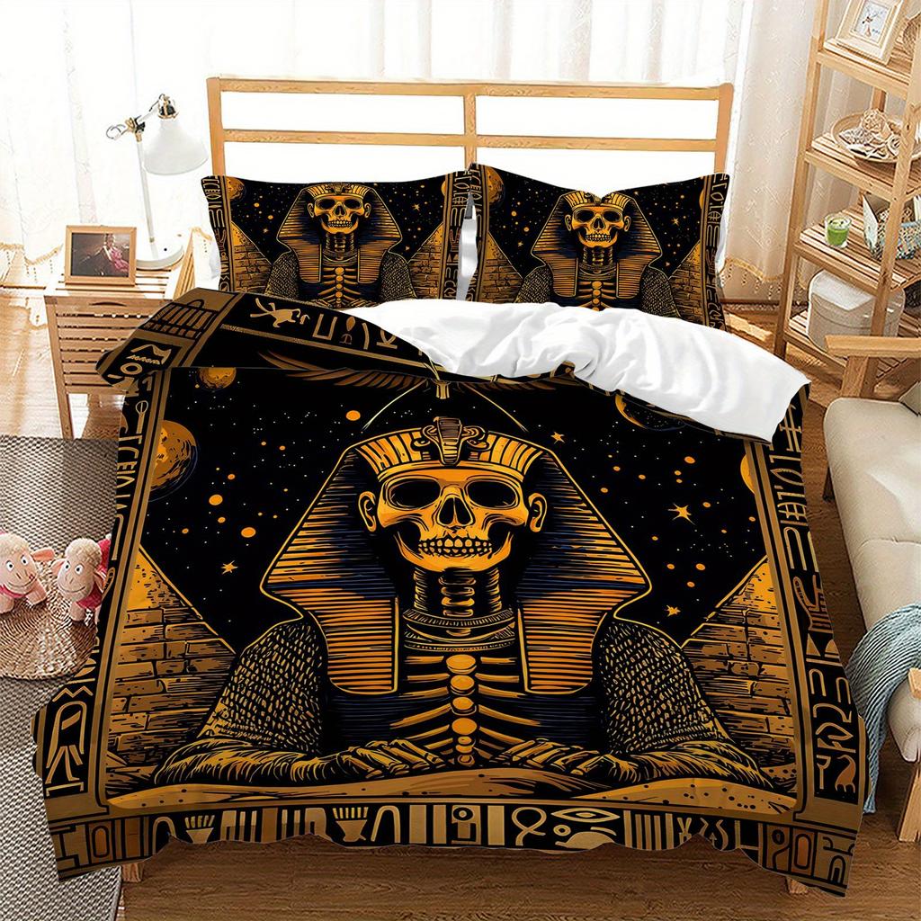3pcs Egyptian Pharaoh Skeleton Bedding Duvet Cover Set Ancient Egypt Bedding Quilt Set Gothic Themed Bed Quilt Set Luxury