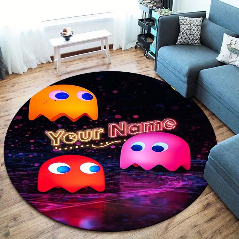 Pac-Man Custom Name Round Area Rug,Carpet Rug for Living Room Bedroom Sofa Playroom Decor,Non-slip Floor Mat