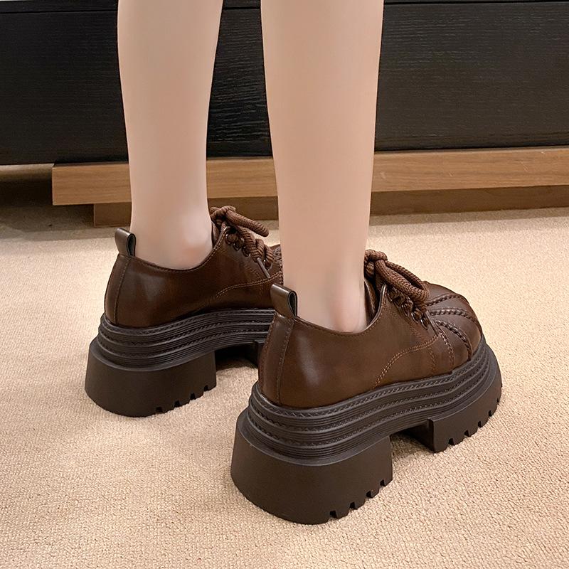 Thick-soled Round Head Small Leather Shoes Women's 2025 Spring New Small Height-increasing Women's Shoes Soft-soled Lightweight Muffin Loafers