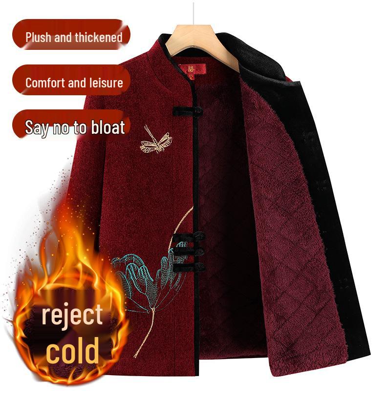 2025 Embroidered Woolen Coat for Elderly Women (Aged 60-80) - Plus Velvet Winter Style