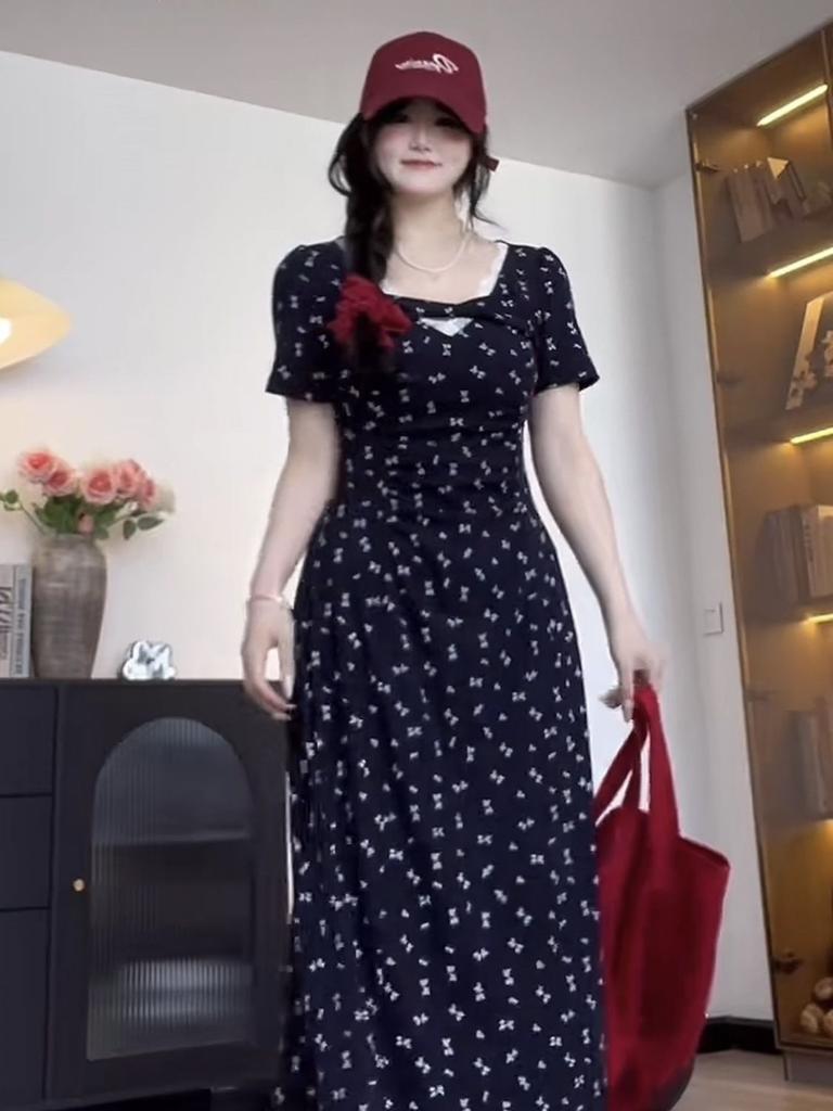 Big French retro floral dress for women's summer fat mm showing thin waist temperament high-end lace skirt