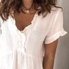 Damenhemd V-Ausschnitt Rüschen Kurze Ärmel Hohe Taille A-Linien-Silhouette Lässige Bluse Einfarbige Lockere Passform T-Shirt