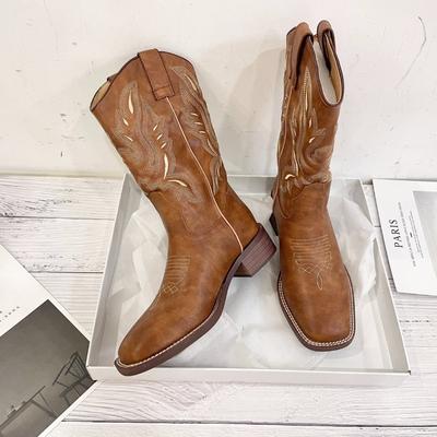 Fashion New Style Fashion Retro Brown Cowboy Boots for Women Comfortable Square Toe Embroidery Mic-calf Western Boots Shoes Big Size