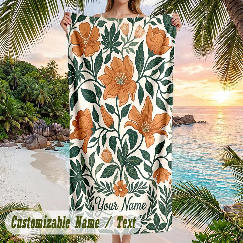 Floral Elegance 11 Theme Quick Dry Beach Towel Custom Name Text Print Large Sand Resistant Towel Beach Vacation