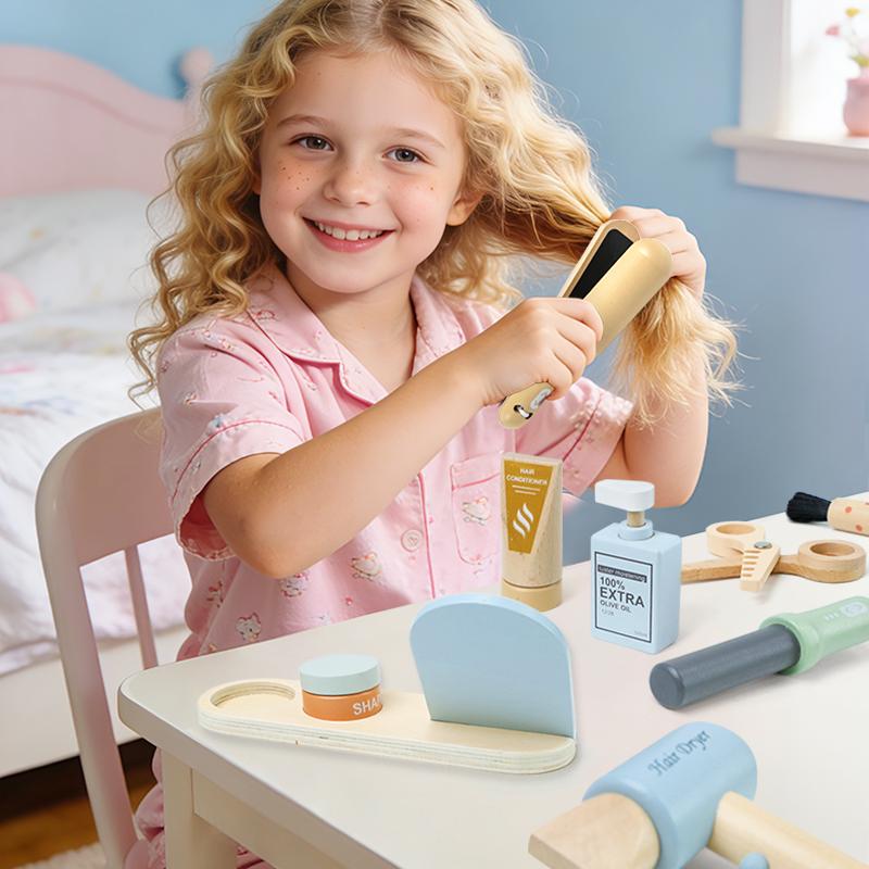 Girls Beauty Salon Set Kids Hair Beauty Makeup Set Simulation Hair Dryer Fashion Styling Tool Gift Fun Game wooden toys