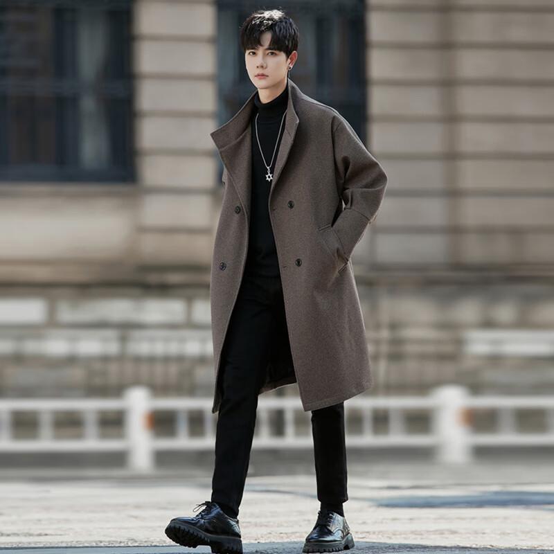 ROMON Men's Mid-length Wool Blend Trench Coat