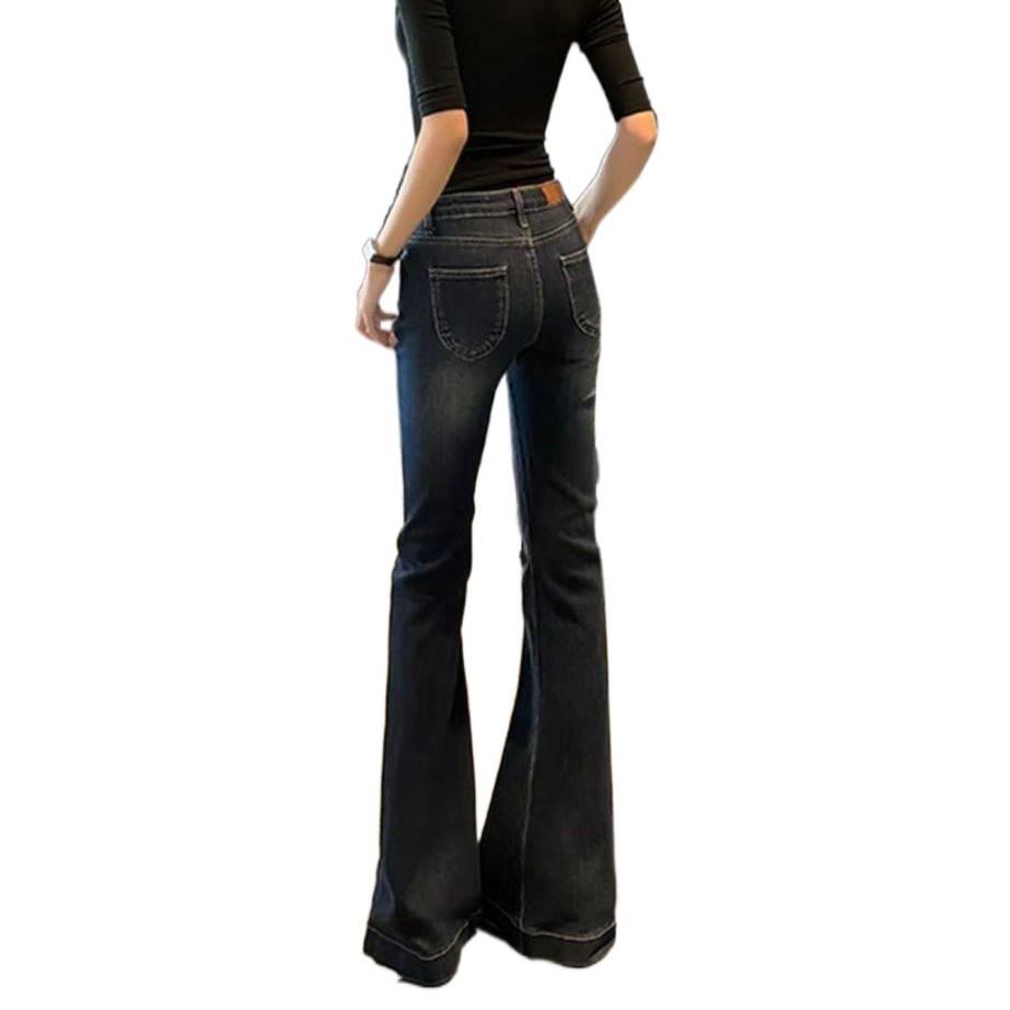 Women's Dark Blue Flared Jeans, 175cm, Mid-Low Waist, Horsetail Style, Floor-Length, 2025 Autumn/Winter.