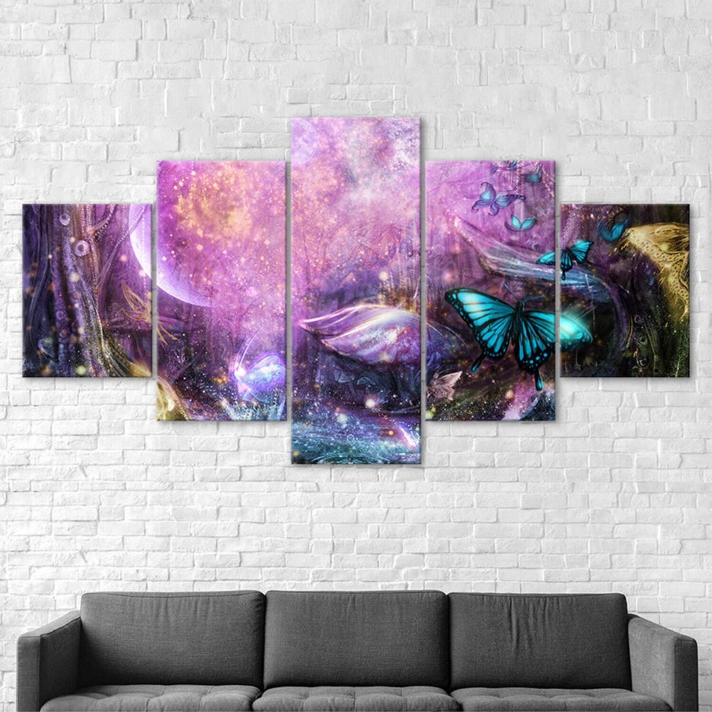 Fantasy World Forest Butterfly Purple Scene 5 Piece Five Panel Wall Canvas Print Modern Art Poster Picture Home Decor Gift For Him For Her